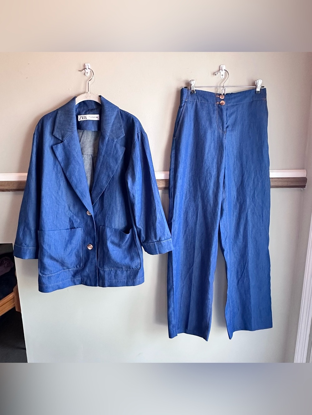 ZARA Denim Effect Oversized Blazer Jacket Pants Set Linen Blend
